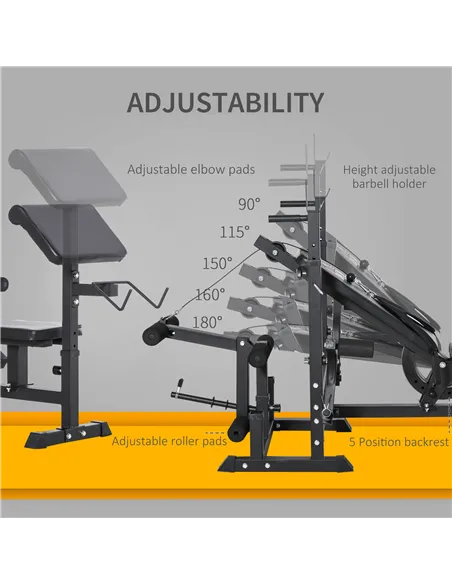 HOMCOM Weight Bench with Adjustable Barbell Rack, Leg Extension, Preacher Curl Pad and 20kg Barbell Set