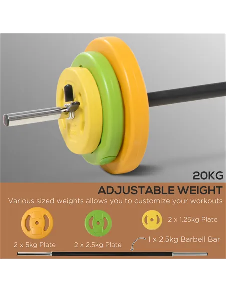 HOMCOM Weight Bench with Adjustable Barbell Rack, Leg Extension, Preacher Curl Pad and 20kg Barbell Set