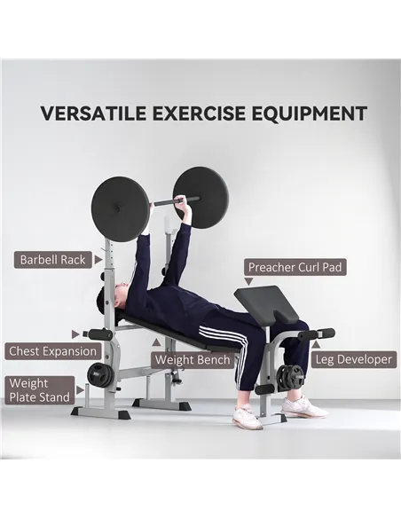 HOMCOM Adjustable Weight Bench with Squat Rack, Heavy Duty Bench Press Rack with Preacher Curl Pad, Leg Developer, Barbell Rack,