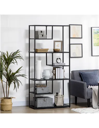 HOMCOM Industrial Accent Display Rack 7 Tier Bookcase, Display Rack for Living Room, Office, Bedroom, Black