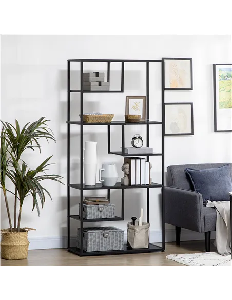 HOMCOM Industrial Accent Display Rack 7 Tier Bookcase, Display Rack for Living Room, Office, Bedroom, Black