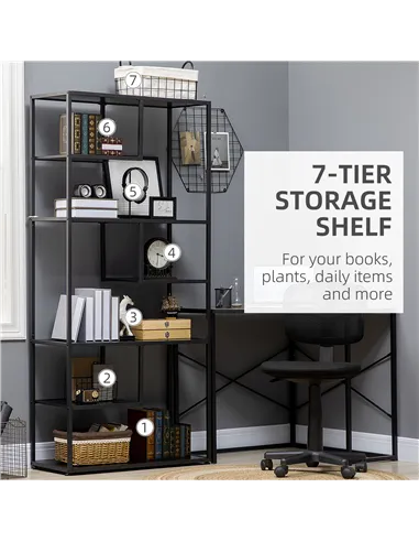 HOMCOM Industrial Accent Display Rack 7 Tier Bookcase, Display Rack for Living Room, Office, Bedroom, Black