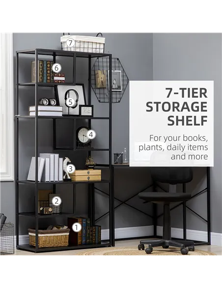 HOMCOM Industrial Accent Display Rack 7 Tier Bookcase, Display Rack for Living Room, Office, Bedroom, Black
