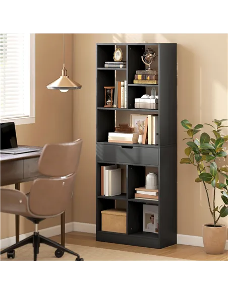 HOMCOM Tall Bookshelf with Drawer, Freestanding Bookcase for Bedroom, Living Room, Home Office, Black