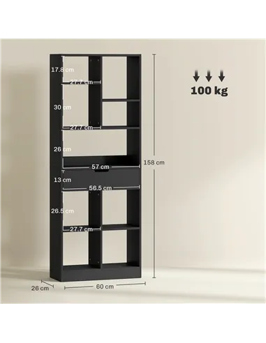 HOMCOM Tall Bookshelf with Drawer, Freestanding Bookcase for Bedroom, Living Room, Home Office, Black