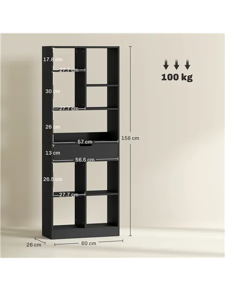 HOMCOM Tall Bookshelf with Drawer, Freestanding Bookcase for Bedroom, Living Room, Home Office, Black