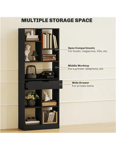 HOMCOM Tall Bookshelf with Drawer, Freestanding Bookcase for Bedroom, Living Room, Home Office, Black