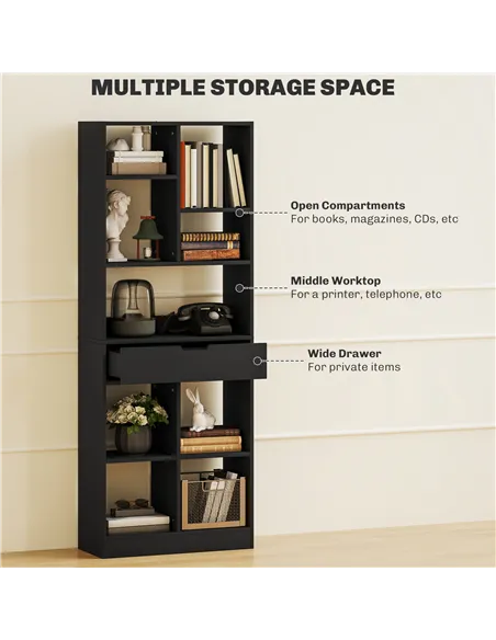 HOMCOM Tall Bookshelf with Drawer, Freestanding Bookcase for Bedroom, Living Room, Home Office, Black