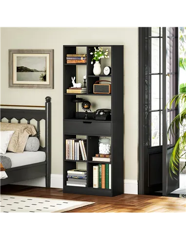 HOMCOM Tall Bookshelf with Drawer, Freestanding Bookcase for Bedroom, Living Room, Home Office, Black