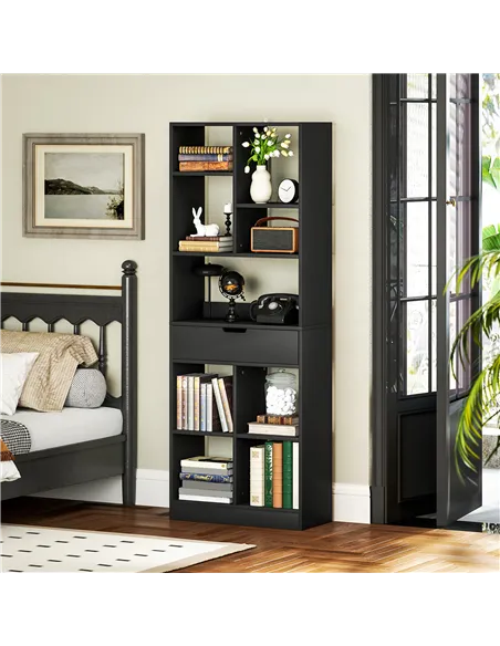 HOMCOM Tall Bookshelf with Drawer, Freestanding Bookcase for Bedroom, Living Room, Home Office, Black