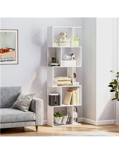 HOMCOM Bookcase, S-Shaped Wooden Bookshelf, 5 Tiers Freestanding Storage Shelf, Home Office Display Stand Rack, White