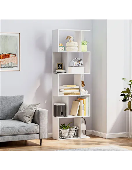 HOMCOM Bookcase, S-Shaped Wooden Bookshelf, 5 Tiers Freestanding Storage Shelf, Home Office Display Stand Rack, White