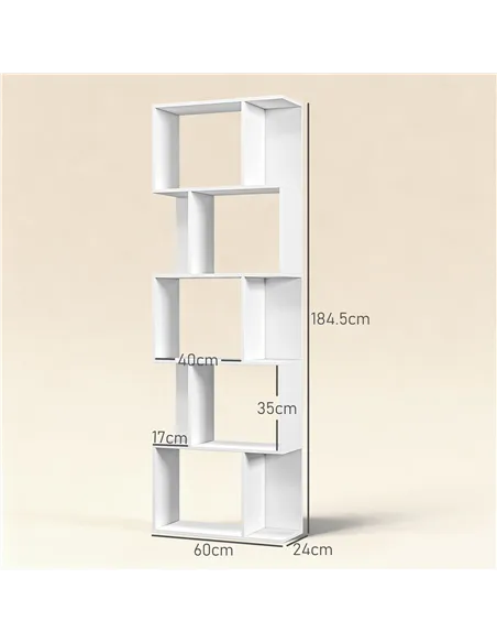 HOMCOM Bookcase, S-Shaped Wooden Bookshelf, 5 Tiers Freestanding Storage Shelf, Home Office Display Stand Rack, White