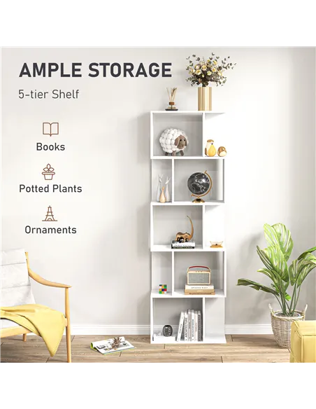HOMCOM Bookcase, S-Shaped Wooden Bookshelf, 5 Tiers Freestanding Storage Shelf, Home Office Display Stand Rack, White