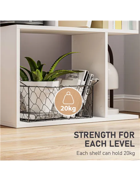 HOMCOM Bookcase, S-Shaped Wooden Bookshelf, 5 Tiers Freestanding Storage Shelf, Home Office Display Stand Rack, White