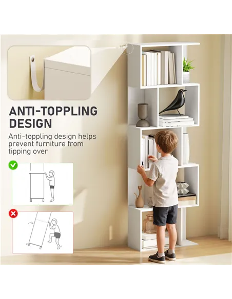 HOMCOM Bookcase, S-Shaped Wooden Bookshelf, 5 Tiers Freestanding Storage Shelf, Home Office Display Stand Rack, White