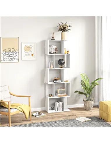 HOMCOM Bookcase, S-Shaped Wooden Bookshelf, 5 Tiers Freestanding Storage Shelf, Home Office Display Stand Rack, White