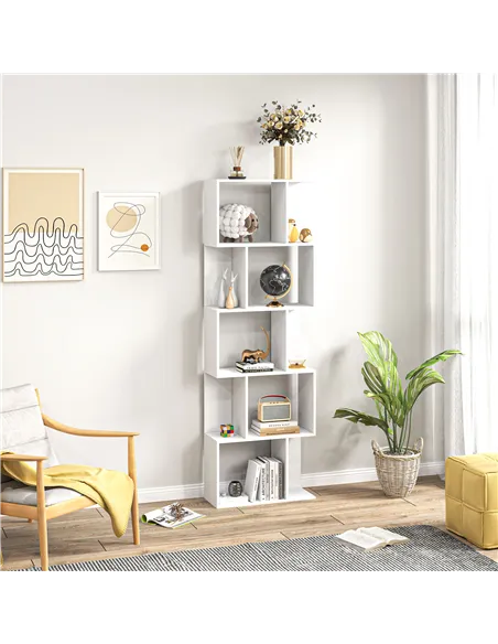 HOMCOM Bookcase, S-Shaped Wooden Bookshelf, 5 Tiers Freestanding Storage Shelf, Home Office Display Stand Rack, White