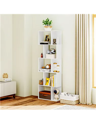 HOMCOM Bookcase, S-Shaped Wooden Bookshelf, 5 Tiers Freestanding Storage Shelf, Home Office Display Stand Rack, White