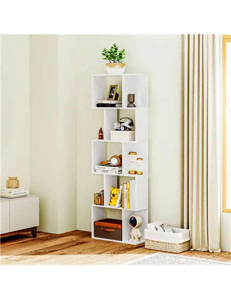 HOMCOM Bookcase, S-Shaped Wooden Bookshelf, 5 Tiers Freestanding Storage Shelf, Home Office Display Stand Rack, White
