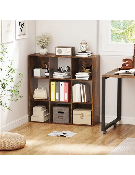 HOMCOM 3-tier 9 Cubes Storage Unit Particle Board Cupboard Bookcase Organiser Home Office Shelves, Rustic Brown