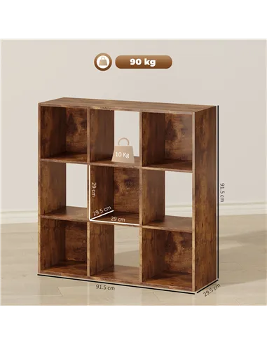 HOMCOM 3-tier 9 Cubes Storage Unit Particle Board Cupboard Bookcase Organiser Home Office Shelves, Rustic Brown