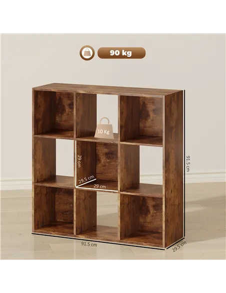 HOMCOM 3-tier 9 Cubes Storage Unit Particle Board Cupboard Bookcase Organiser Home Office Shelves, Rustic Brown