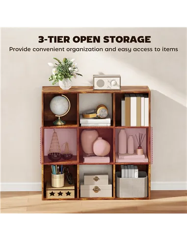 HOMCOM 3-tier 9 Cubes Storage Unit Particle Board Cupboard Bookcase Organiser Home Office Shelves, Rustic Brown