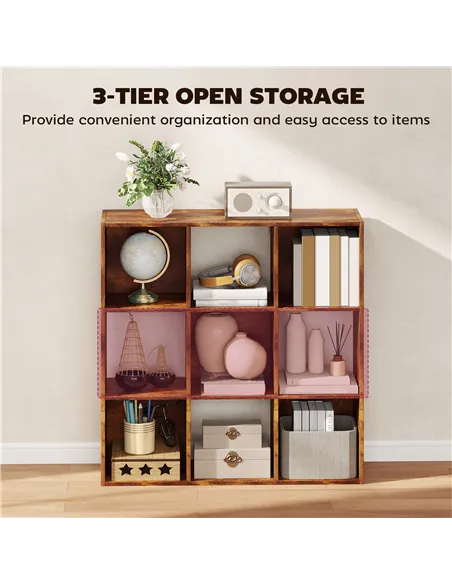 HOMCOM 3-tier 9 Cubes Storage Unit Particle Board Cupboard Bookcase Organiser Home Office Shelves, Rustic Brown
