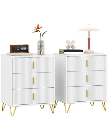 HOMCOM Set of 2 Elegant Chest of Three Drawers - White/Gold-Tone