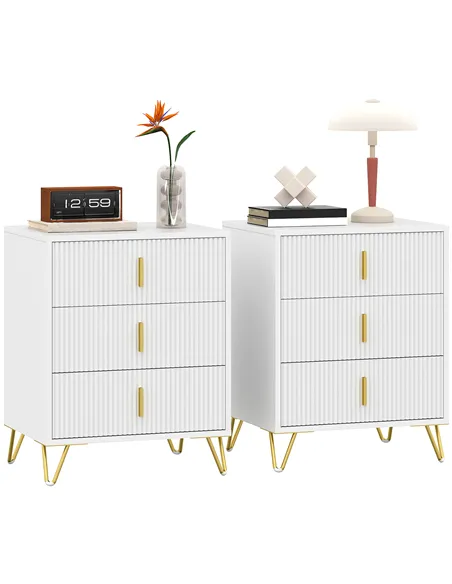 HOMCOM Set of 2 Elegant Chest of Three Drawers - White/Gold-Tone