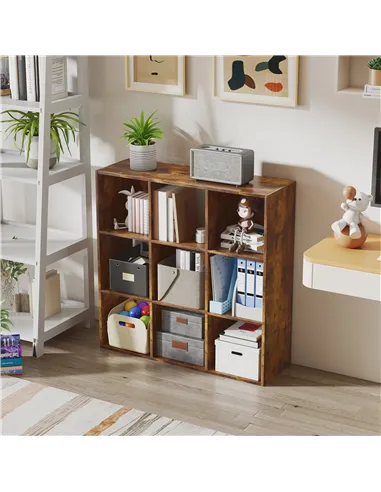 HOMCOM 3-tier 9 Cubes Storage Unit Particle Board Cupboard Bookcase Organiser Home Office Shelves, Rustic Brown