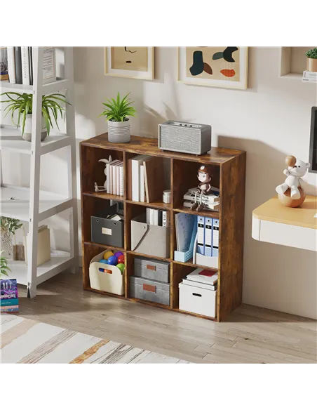 HOMCOM 3-tier 9 Cubes Storage Unit Particle Board Cupboard Bookcase Organiser Home Office Shelves, Rustic Brown