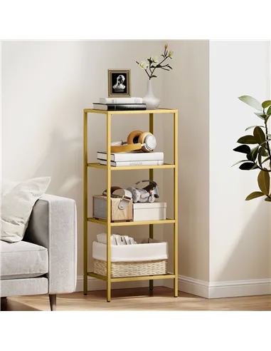 HOMCOM 4-Tier Shelving Unit, Glass Shelf, Vertical Storage Shelf for Living Room, Home Office, Bedroom, Bathroom, Gold Tone