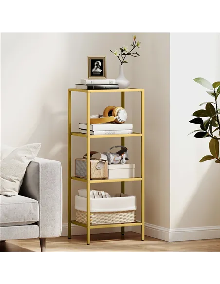 HOMCOM 4-Tier Shelving Unit, Glass Shelf, Vertical Storage Shelf for Living Room, Home Office, Bedroom, Bathroom, Gold Tone