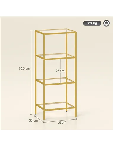 HOMCOM 4-Tier Shelving Unit, Glass Shelf, Vertical Storage Shelf for Living Room, Home Office, Bedroom, Bathroom, Gold Tone