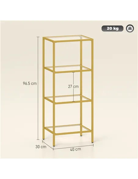 HOMCOM 4-Tier Shelving Unit, Glass Shelf, Vertical Storage Shelf for Living Room, Home Office, Bedroom, Bathroom, Gold Tone