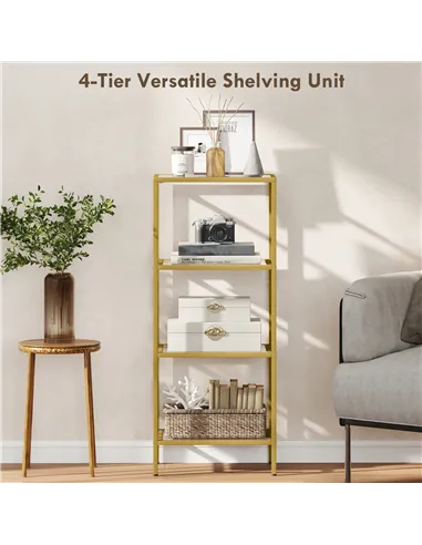 HOMCOM 4-Tier Shelving Unit, Glass Shelf, Vertical Storage Shelf for Living Room, Home Office, Bedroom, Bathroom, Gold Tone