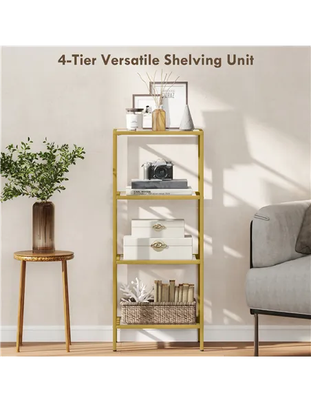HOMCOM 4-Tier Shelving Unit, Glass Shelf, Vertical Storage Shelf for Living Room, Home Office, Bedroom, Bathroom, Gold Tone