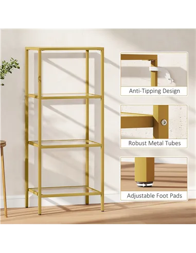 HOMCOM 4-Tier Shelving Unit, Glass Shelf, Vertical Storage Shelf for Living Room, Home Office, Bedroom, Bathroom, Gold Tone
