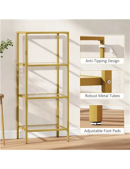 HOMCOM 4-Tier Shelving Unit, Glass Shelf, Vertical Storage Shelf for Living Room, Home Office, Bedroom, Bathroom, Gold Tone