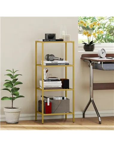 HOMCOM 4-Tier Shelving Unit, Glass Shelf, Vertical Storage Shelf for Living Room, Home Office, Bedroom, Bathroom, Gold Tone