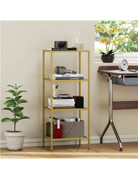 HOMCOM 4-Tier Shelving Unit, Glass Shelf, Vertical Storage Shelf for Living Room, Home Office, Bedroom, Bathroom, Gold Tone