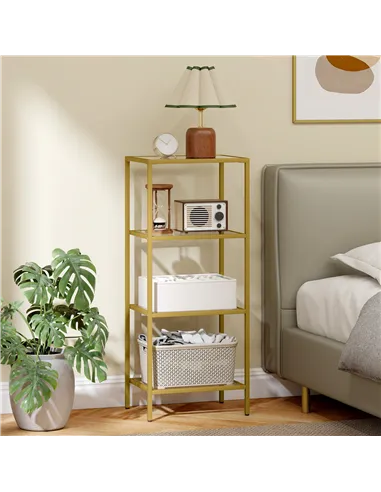 HOMCOM 4-Tier Shelving Unit, Glass Shelf, Vertical Storage Shelf for Living Room, Home Office, Bedroom, Bathroom, Gold Tone