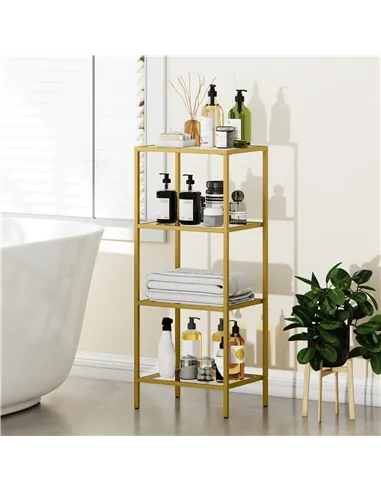 HOMCOM 4-Tier Shelving Unit, Glass Shelf, Vertical Storage Shelf for Living Room, Home Office, Bedroom, Bathroom, Gold Tone