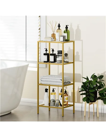 HOMCOM 4-Tier Shelving Unit, Glass Shelf, Vertical Storage Shelf for Living Room, Home Office, Bedroom, Bathroom, Gold Tone