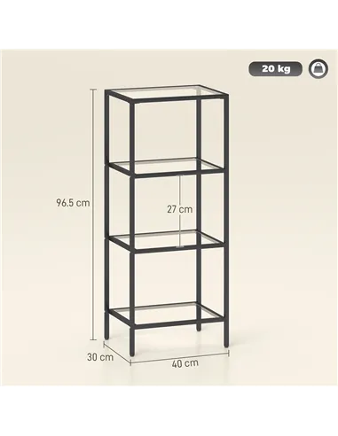 HOMCOM 4-Tier Shelving Unit, Glass Shelf, Vertical Storage Shelf for Living Room, Home Office, Bedroom, Bathroom, Black