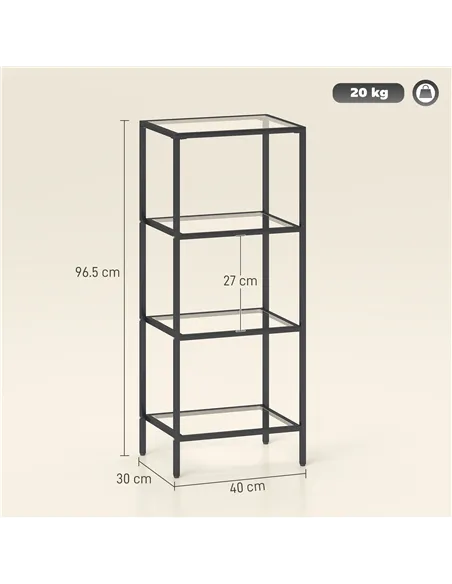 HOMCOM 4-Tier Shelving Unit, Glass Shelf, Vertical Storage Shelf for Living Room, Home Office, Bedroom, Bathroom, Black