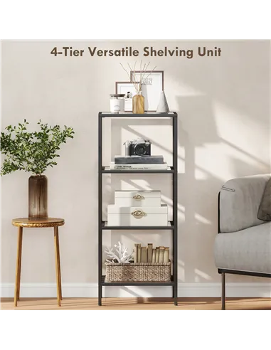 HOMCOM 4-Tier Shelving Unit, Glass Shelf, Vertical Storage Shelf for Living Room, Home Office, Bedroom, Bathroom, Black