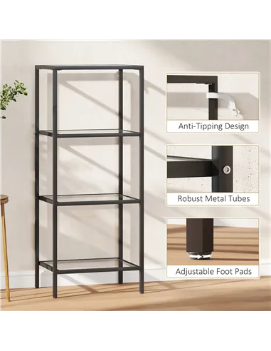 HOMCOM 4-Tier Shelving Unit, Glass Shelf, Vertical Storage Shelf for Living Room, Home Office, Bedroom, Bathroom, Black